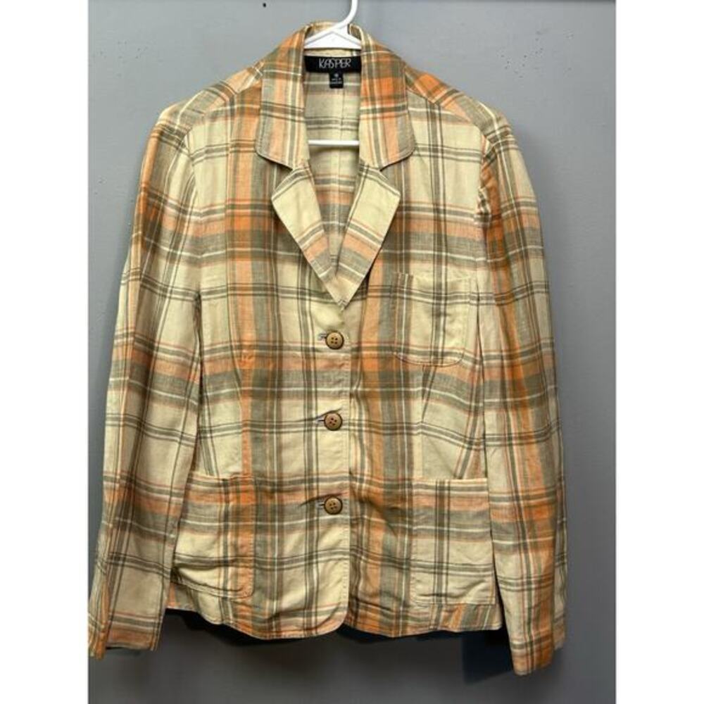 Kasper Plaid Linen Blazer‎ Women's Plus Size 16 Tan Orange Pockets Button Preppy